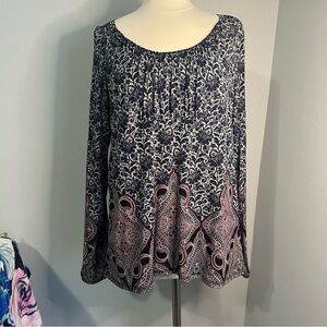 Lizwear Size XXL Blue Purple Floral Baroque Print Lined Peasant Top Blouse Shirt